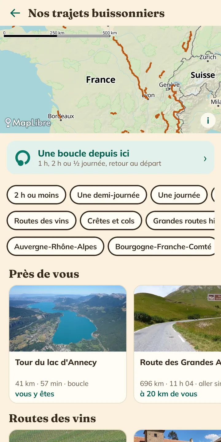 Capture de l'application : circuits tout prêts : une boucle depuis ici, le Tour du lac d'Annecy