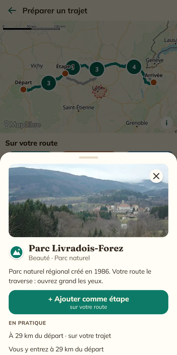 Capture de l'application : fiche du Parc Livradois-Forez sur la route, avec sa photo et le bouton Ajouter comme étape