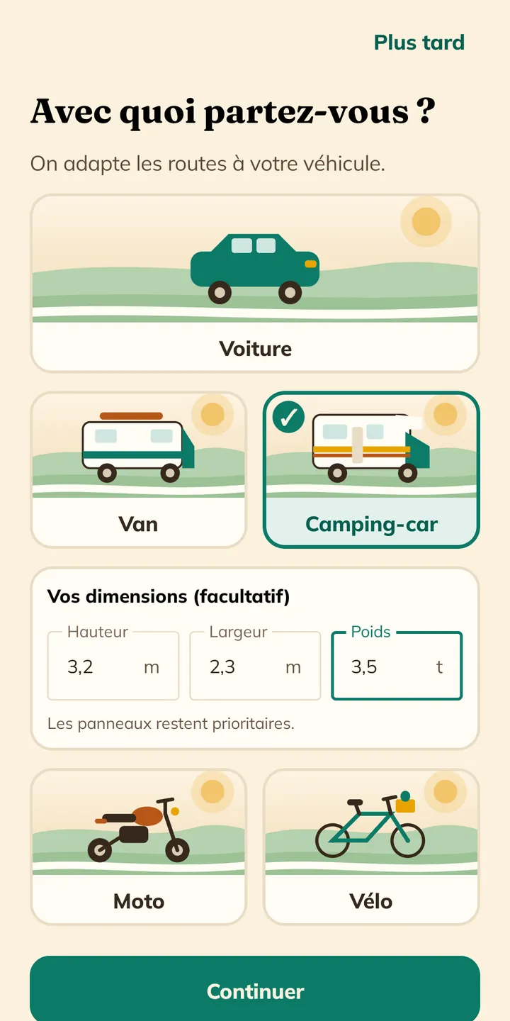 Capture de l'application : camping-car de 3,2 m de haut, 2,3 m de large et 3,5 t