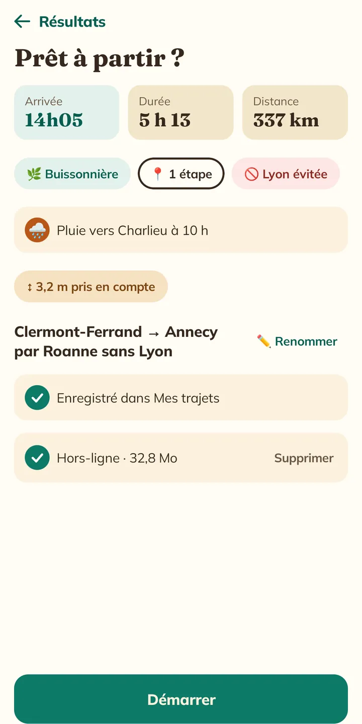 Capture de l'application : trajet prêt à partir, carte hors-ligne téléchargée (32,8 Mo)