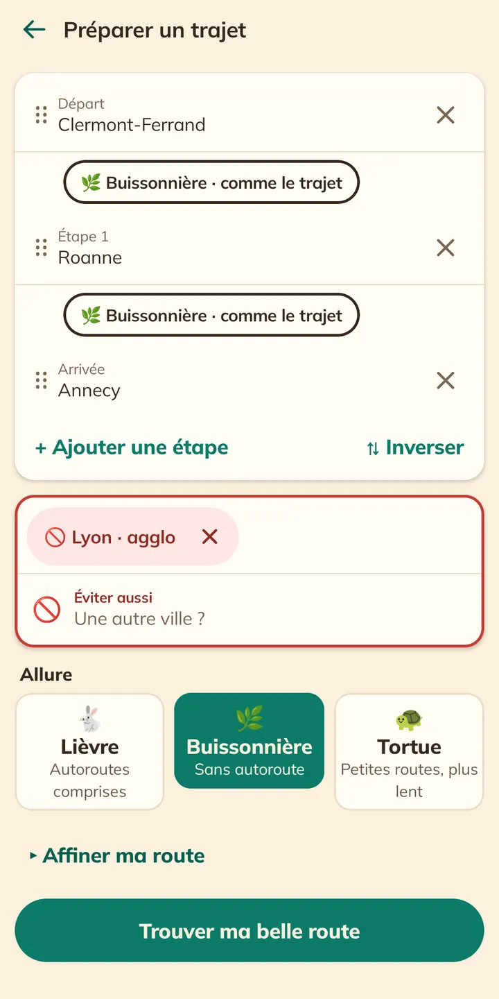 Capture de l'application : préparer un trajet Clermont-Ferrand, Roanne, Annecy, Lyon à éviter, allure Buissonnière