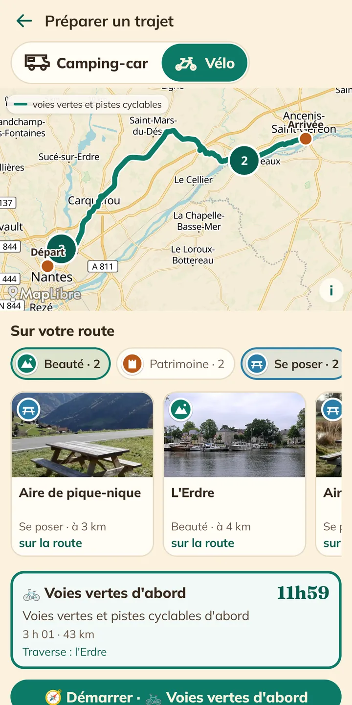 Capture de l'application : itinéraire à vélo de Nantes à Ancenis par les voies vertes et les pistes cyclables