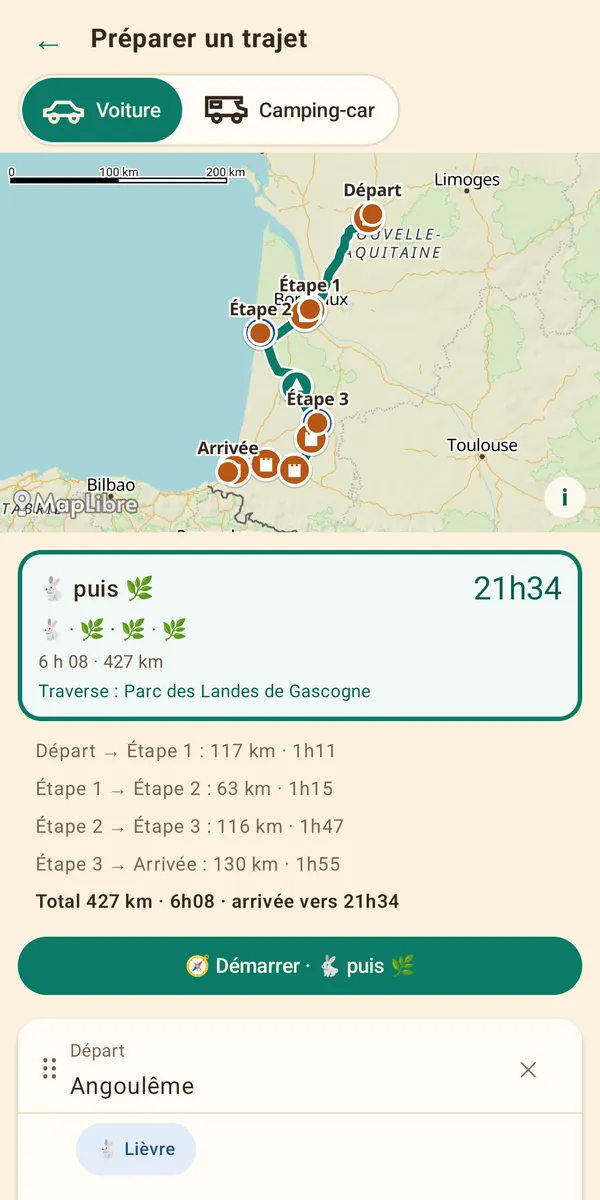 Capture de l'application : trajet Angoulême – Biarritz en trois étapes, le Lièvre puis la Buissonnière