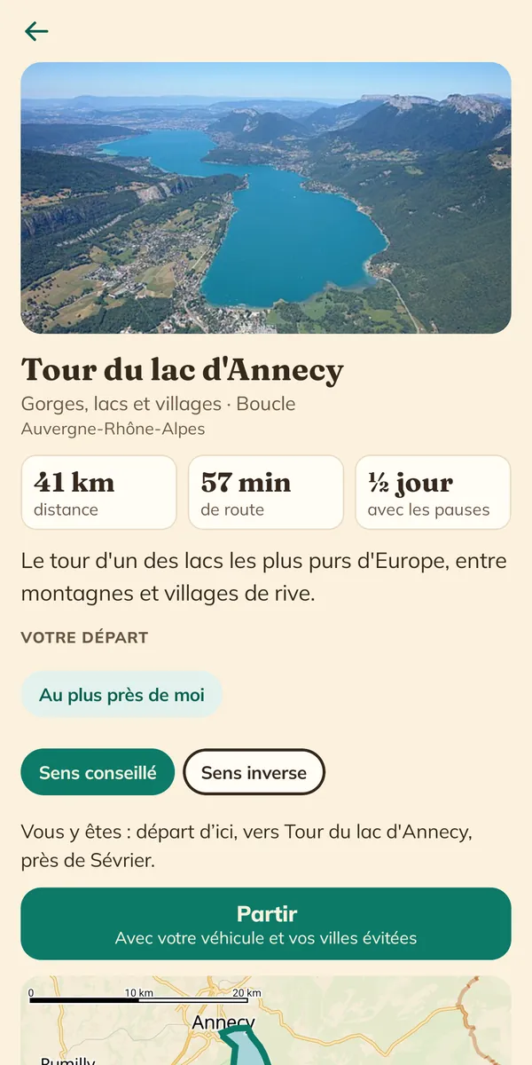 Capture de l'application : circuit du Tour du lac d'Annecy, photo du lac, 41 km en boucle
