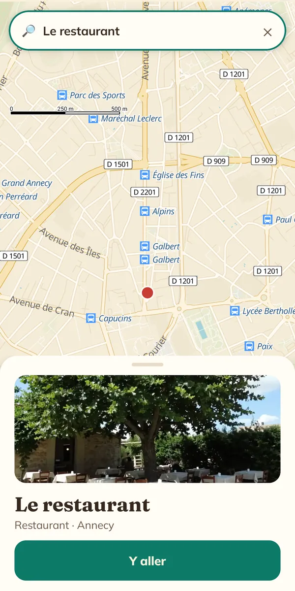 Capture de l'application : fiche d'un restaurant avec sa photo et le bouton Y aller