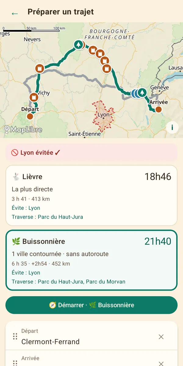 Capture de l'application : trajet Clermont-Ferrand – Annecy, Lyon hachurée et évitée, allures Lièvre et Buissonnière