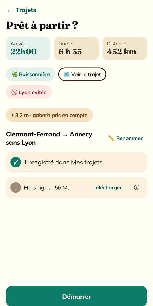 Capture de l'application : écran Prêt à partir, Lyon évitée, camping-car de 3,2 m pris en compte