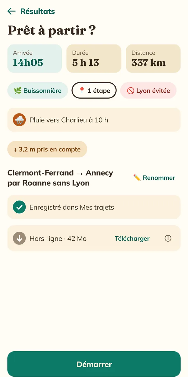 Capture de l'application : écran Prêt à partir, Clermont-Ferrand à Annecy par Roanne sans Lyon, camping-car de 3,2 m pris en compte