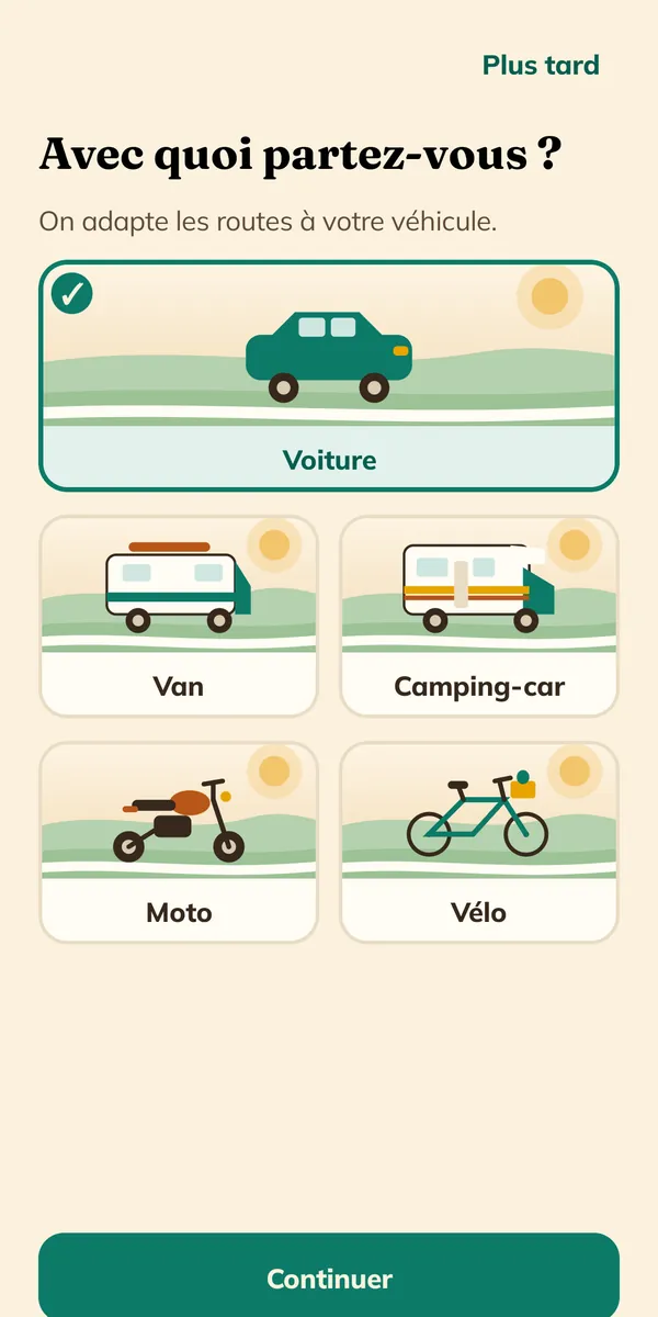 Capture de l'application : écran « Avec quoi partez-vous ? » : voiture, van, camping-car, moto ou vélo