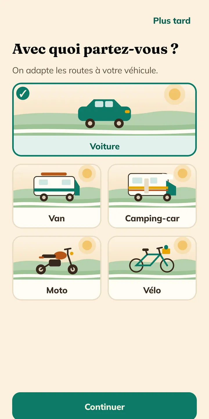 Capture de l'application : écran « Avec quoi partez-vous ? » : voiture, van, camping-car, moto ou vélo