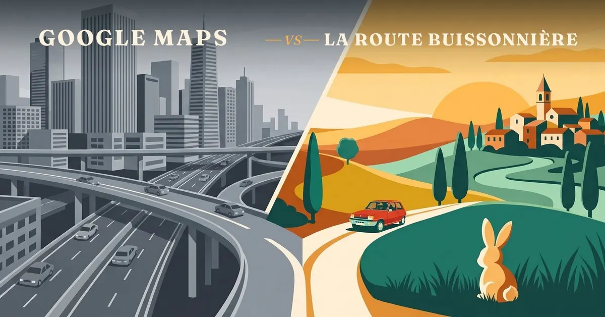 Illustration La Route Buissonnière : à gauche une ville dense et grise avec ses échangeurs, à droite la campagne au coucher de soleil où roule une petite Super 5 rouge sur une route sinueuse.