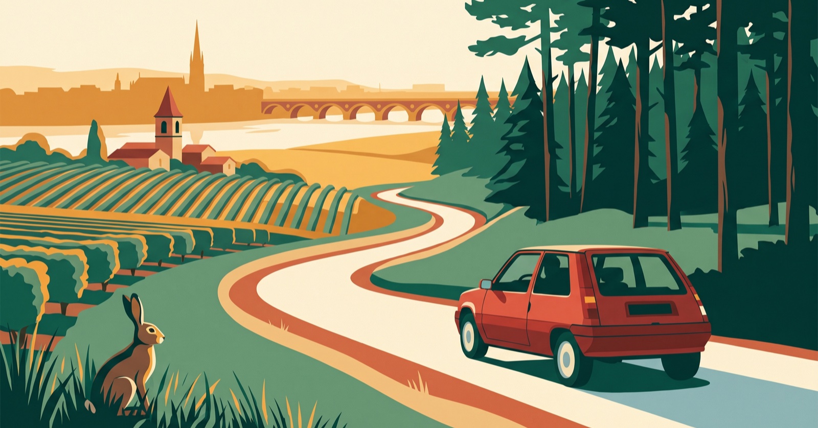 Illustrazione di La Route Buissonnière: una strada di campagna sale tra i filari di vite su un pendio calcareo, un borgo arroccato di pietra dorata con la sua torre, la pineta scura delle Landes e in fondo un'ampia baia, una piccola Renault Super 5 rossa sulla strada.