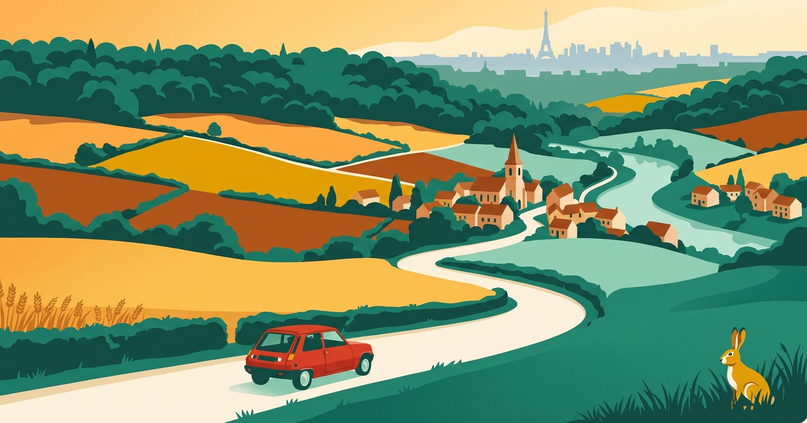 Illustrazione di La Route Buissonnière: una strada di campagna serpeggia tra i campi e i boschi a ovest di Parigi — il Vexin, la valle dell'Oise — un borgo con il campanile, Parigi come una sagoma lontana, una piccola Renault Super 5 rossa sulla strada.