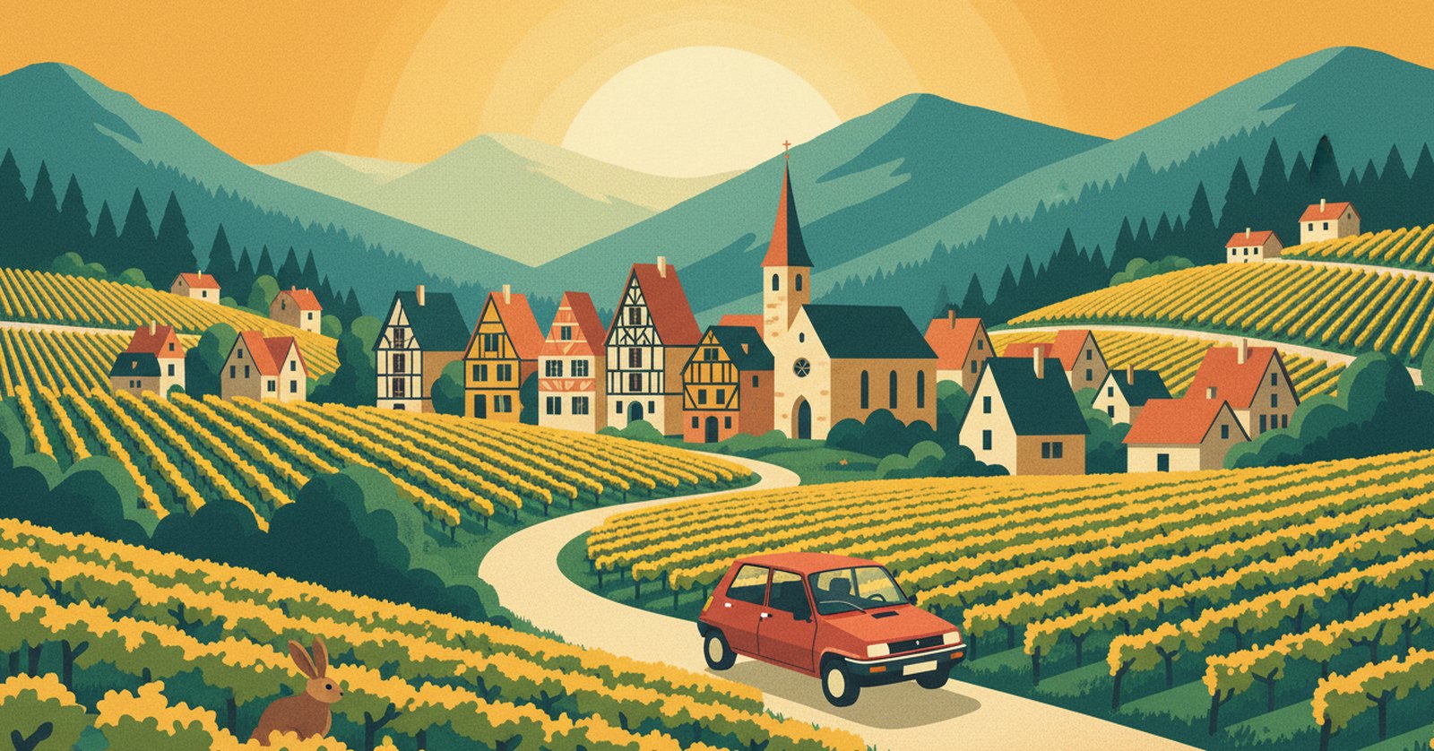 Illustration de La Route Buissonnière : une route serpente entre les coteaux de vigne au pied des Vosges, un village alsacien à colombages colorés avec son église, les montagnes boisées derrière, une petite Renault Super 5 rouge sur la route.