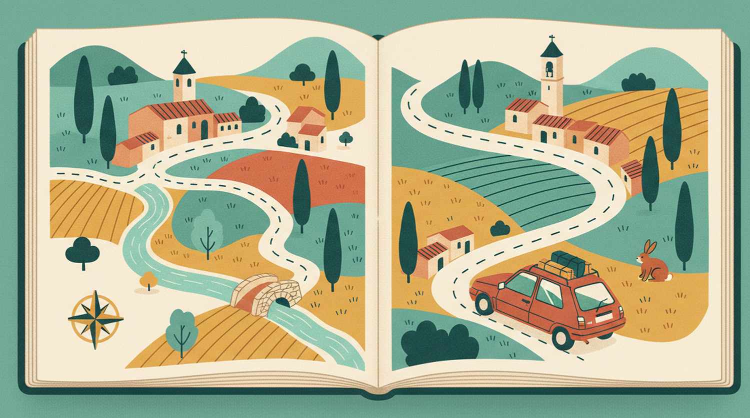 Illustration: a travel map, the red Renault 5 linking villages, rivers and viewpoints
