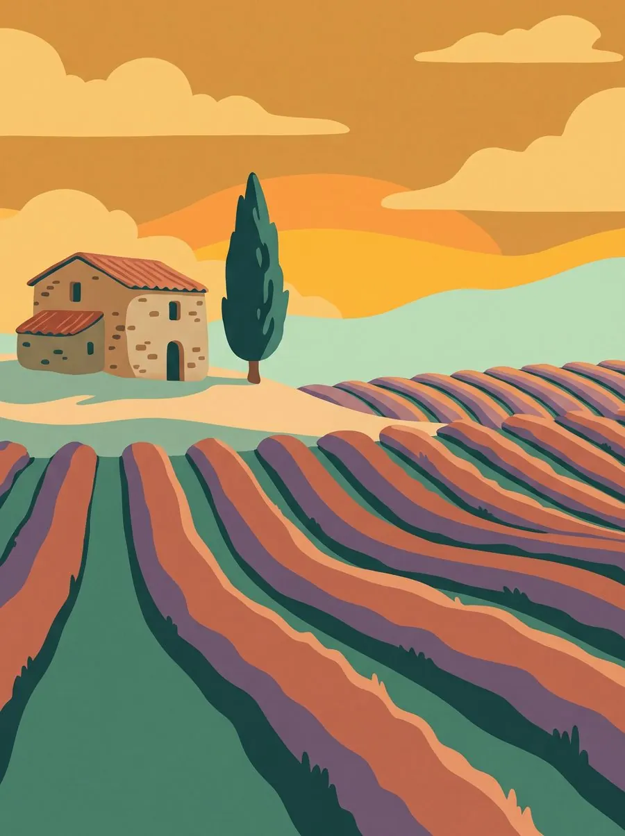 Illustration des champs de lavande et d'un cabanon de pierre à Valensole