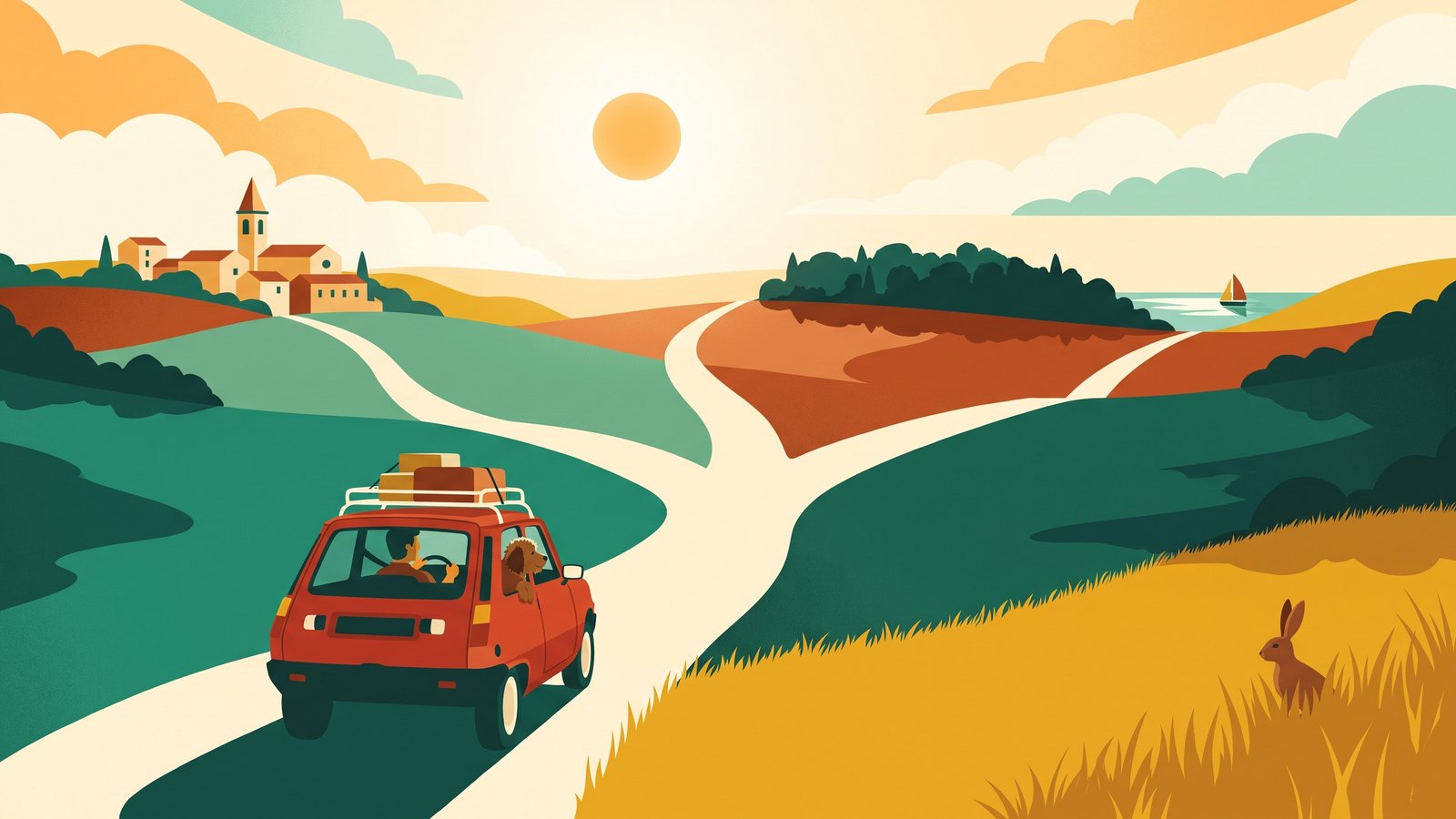Illustration: the red Super 5 driving away towards the horizon, the road splitting into several paths