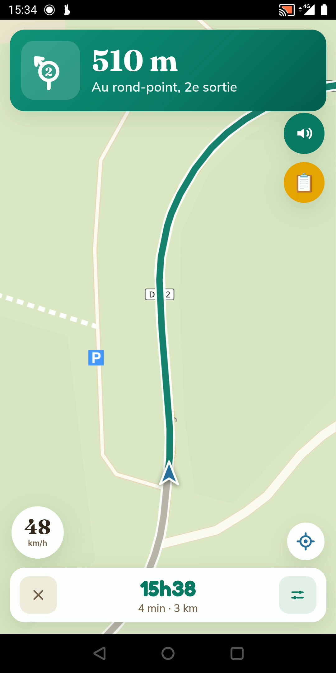 Capture de l'application : guidage tour-par-tour avec la prochaine manœuvre et l'heure d'arrivée
