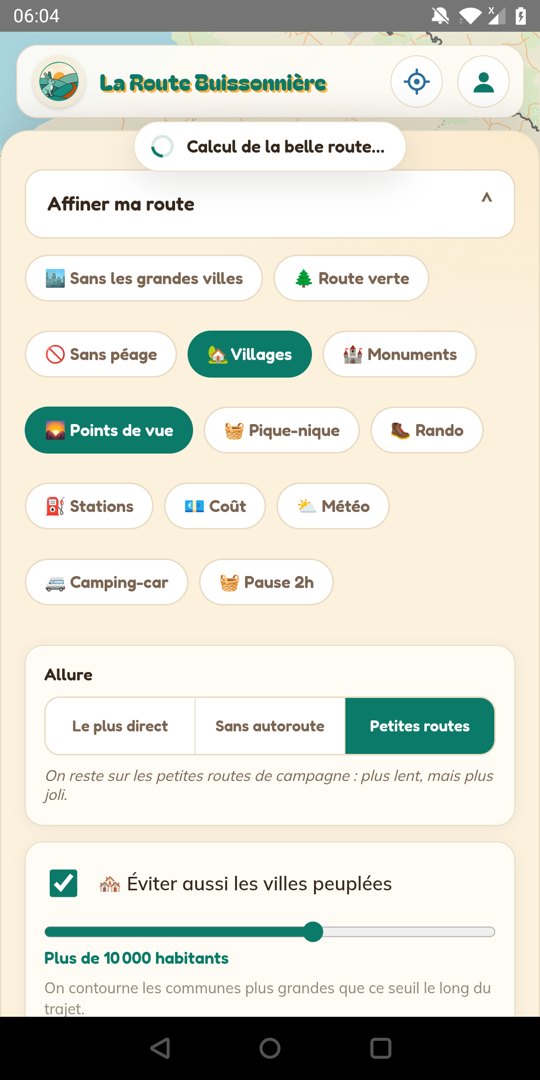 Capture de l'application : choix de l'allure, le plus direct, sans autoroute, petites routes